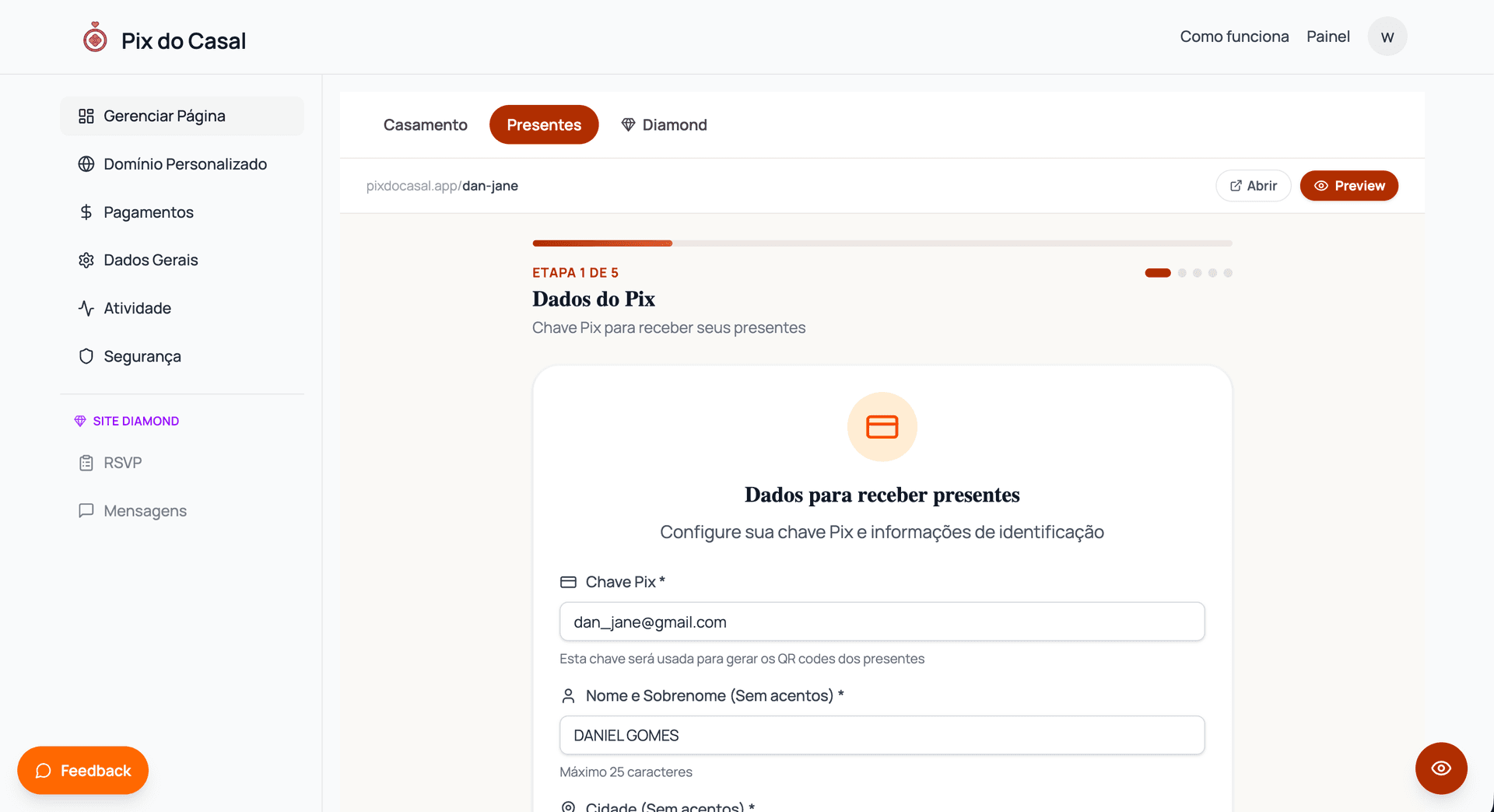 Pix do Casal — prévia da página de casamento